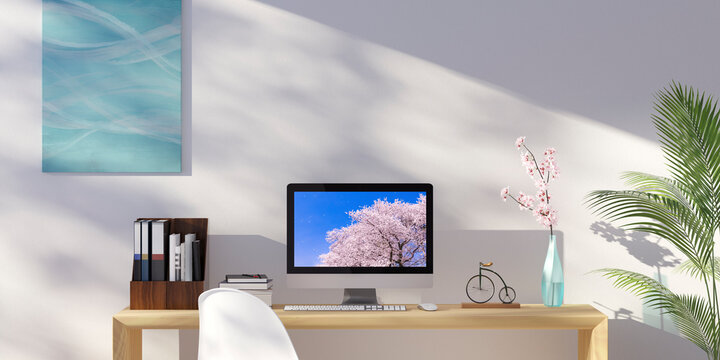 柔らかな木漏れ日が差す桜の花のあるモダンなワークデスク / 春のリモートワーク ・リモート花見のコンセプトイメージ / 3Dレンダリンググラフィックス
