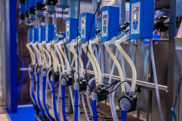 Automated goat milking suction machine with teat cups at cattle dairy farm, exhibition, trade show....