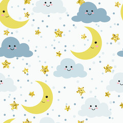 Cute vector clouds, moon, and glitter stars seamless pattern wallpaper factory pattern baby shower