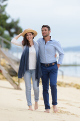 full length view of couple walking on the beach