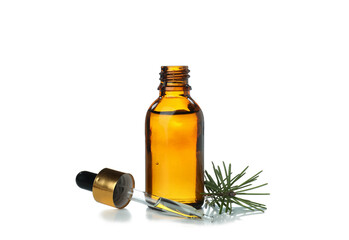 Pine essential oil isolated on white background