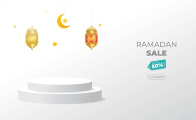 3d Podium Ramadan Sale With Lantern Star And Moon.