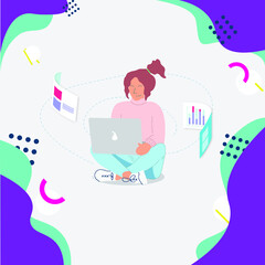 Young woman using laptop with business pages flying around her