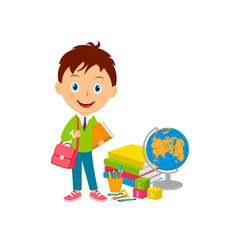 cute cartoon boy stand with books and bag