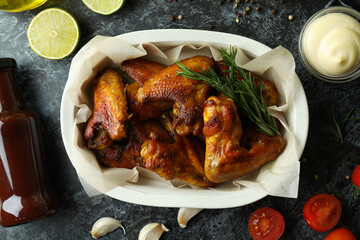 Concept of tasty food with baked chicken wings on black smoky table