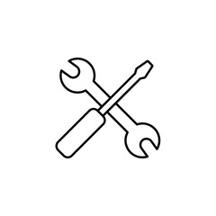 Wrench and screwdriver or tools thin line icon in black. Trendy flat style isolated symbol, can be used for: illustration, minimal, logo, mobile, app, emblem, design, web, site, ui, ux. Vector EPS 10