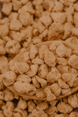 Closeup of textured soy protein. Textured vegetable protein. Soy meat for a vegan diet
