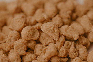 Closeup of textured soy protein. Textured vegetable protein. Soy meat for a vegan diet