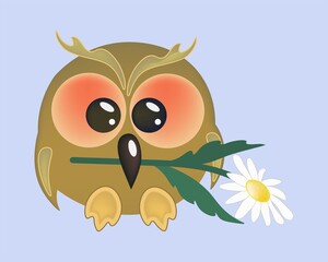 Cute owlet with a chamomile in its beak. Good-natured cartoon character. Vector illustration with funny bird for the feast of love and fidelity.
