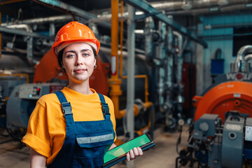 Industrial production concept. Portrait of a female engineer in uniform and helmet with a tablet in...