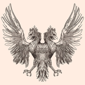 Two-headed eagle with outstretched wings. Heraldic sign isolated on beige background.