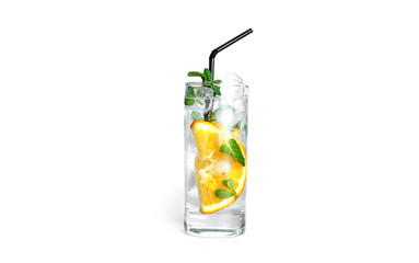 Orange lemonade with mint and ice in a clear glass isolated on a white background.