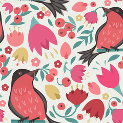 Seamless pattern. Birds and red flowers, vector illustration