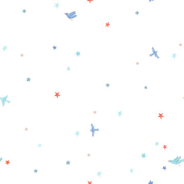 Beautiful vector seamless pattern with cute watercolor birds and stars. Stock illustration.
