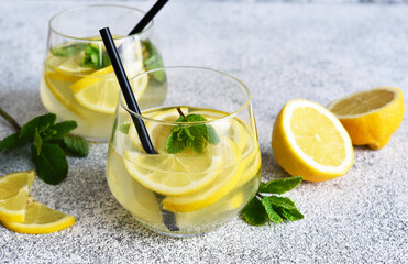 Fresh summer drink. Cold lemonade with mint on a concrete background.