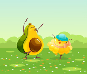 Funny fruits and vegetables cartoon character. Avocado and eggplant dancing together in meadow. Cute food characters vector