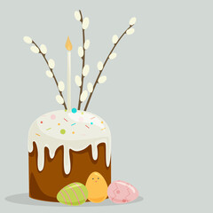 Cake with a candle, willow twigs and painted eggs. Orthodox easter