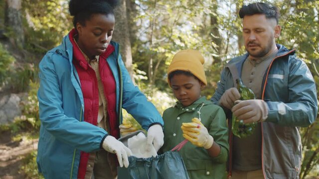 Little mixed race boy holding trash bag while his multiethnic parents putting plastic waste into it after camping in woods