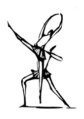 Pen illustration of a woman dancing with a lot of movement and her skirts in the wind