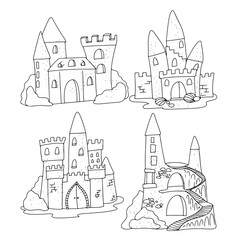 Fototapeta premium Set Sand castle Vector illustration isolated on white background. Simple illustration for coloring book