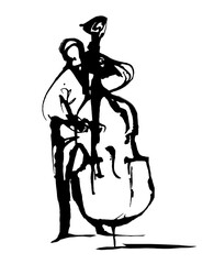 Pen illustration of double bass player playing jazz or classical