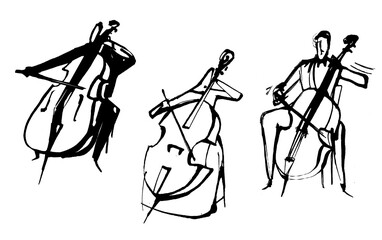 Pen illustration of cellists performing a piece © Anna Clariana