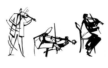  Pen illustration of three violinists performing a piece