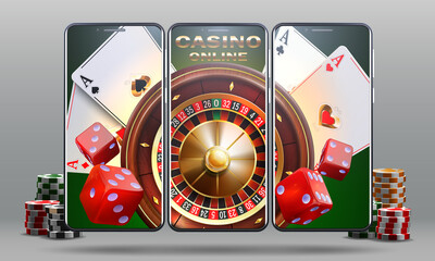 Online mobile casino banner.Smartphones  with  playing cards roulette and chips. Vector gambling illustration.
