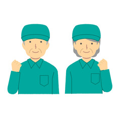 Two senior staff in work clothes