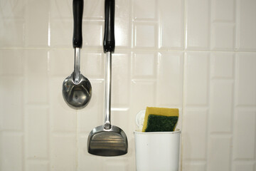 stainless cooking ware in kitchen  white background