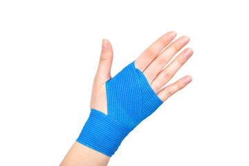 Blue elastic bandage on the wrist on a white background, isolate. Concept for fixation of the wrist...