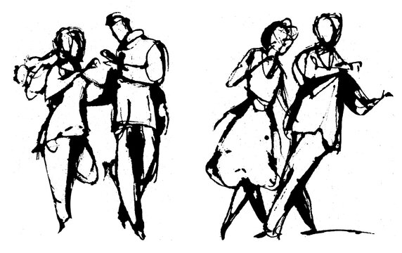 Swing dancing, 2 couples with movement and in a dynamic attitude