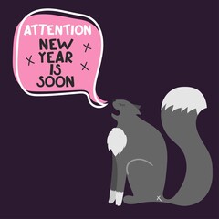 Card New year is soon with funny cats and christmas tree. Vector illustration. Cartoon stile. Lettering.