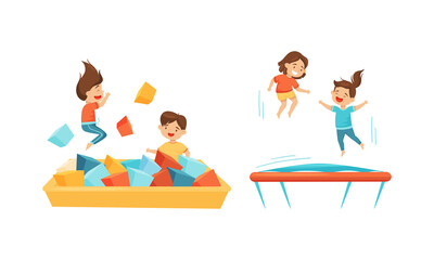 Excited Children Jumping on Trampoline Bouncing and Playing with Soft Cubes Vector Set