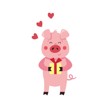 Cute cartoon pig on a white background. Vector illustration in a flat style