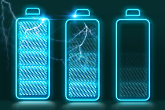 Set of battery charge indicators with lightning flashes