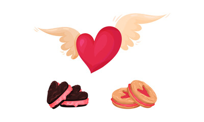 Saint Valentine Day Festive Attributes and Symbols with Winged Heart and Sweet Cookie Vector Set