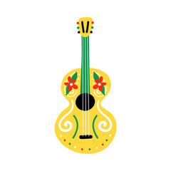Spanish mexican guitar with flowers and ornaments vector cartoon style icon, illustration.
