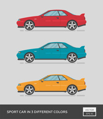 Fototapeta na wymiar Urban vehicle. Sport car in 3 different colors. Cartoon flat illustration, auto for graphic and web design.