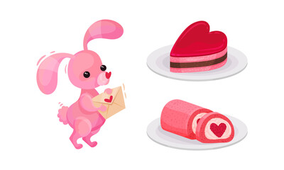 Pink Hare with Envelope and Heart Shaped Cake as Saint Valentine Day Festive Attributes and Symbols Vector Set