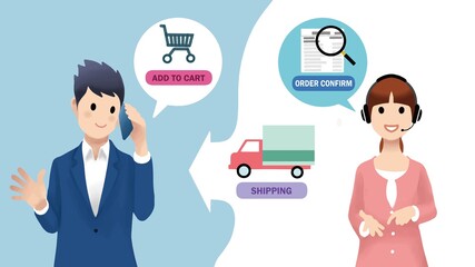 A man is talking with a counselor to pay for a product in his shopping cart through an online shopping mall.
