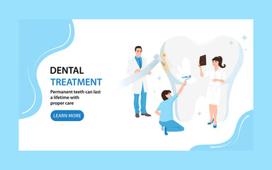 Dental treatment landing page. Web banner dentists take care of the tooth. Flat vector illustration