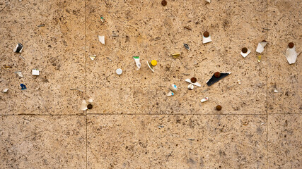 Old abstract dirty wooden advertisement billboard with staples and old torn paper posters texture background banner
