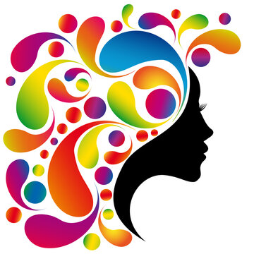 recommend clip art: Beautiful woman profile silhouette with paint splash hair, vector young female face design, beauty girl head with styled inspiration hair, fashion lady graphic portrait.