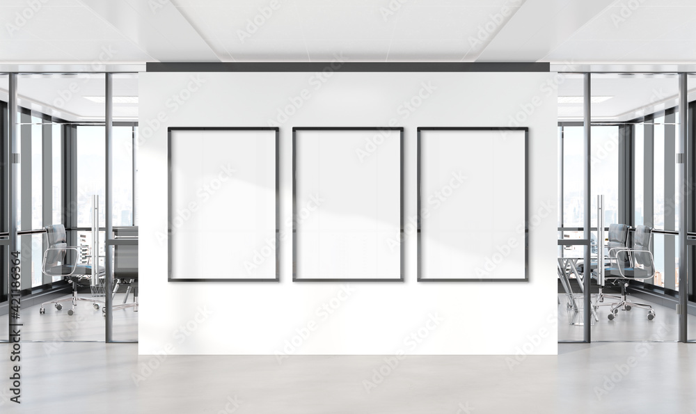 Poster three vertical frames mockup hanging on wall. mock up of billboards in modern concrete office interi