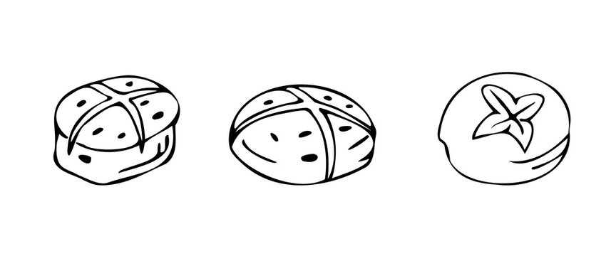 Set Of Hot Cross Bun With Chocolate Chip For Easter. Simple Cartoon Line Art. Isolated Vector Illustration.