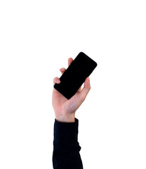 Man's arm raised holding smart phone. Communication concept. Isolate on white background.