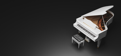 banner with black background of a white grand piano with golden details. 3d rendering