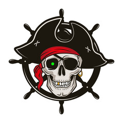 Fototapeta premium Pirate emblem with steering wheel and skull in a hat and eye patch. Vector hand drawn cartoon illustration isolated on white background