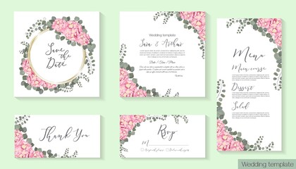Floral design for wedding invitation. Gold round frame, pink hydrangea, green plants, eucalyptus. Invitation card, thanks, rsvp, menu.